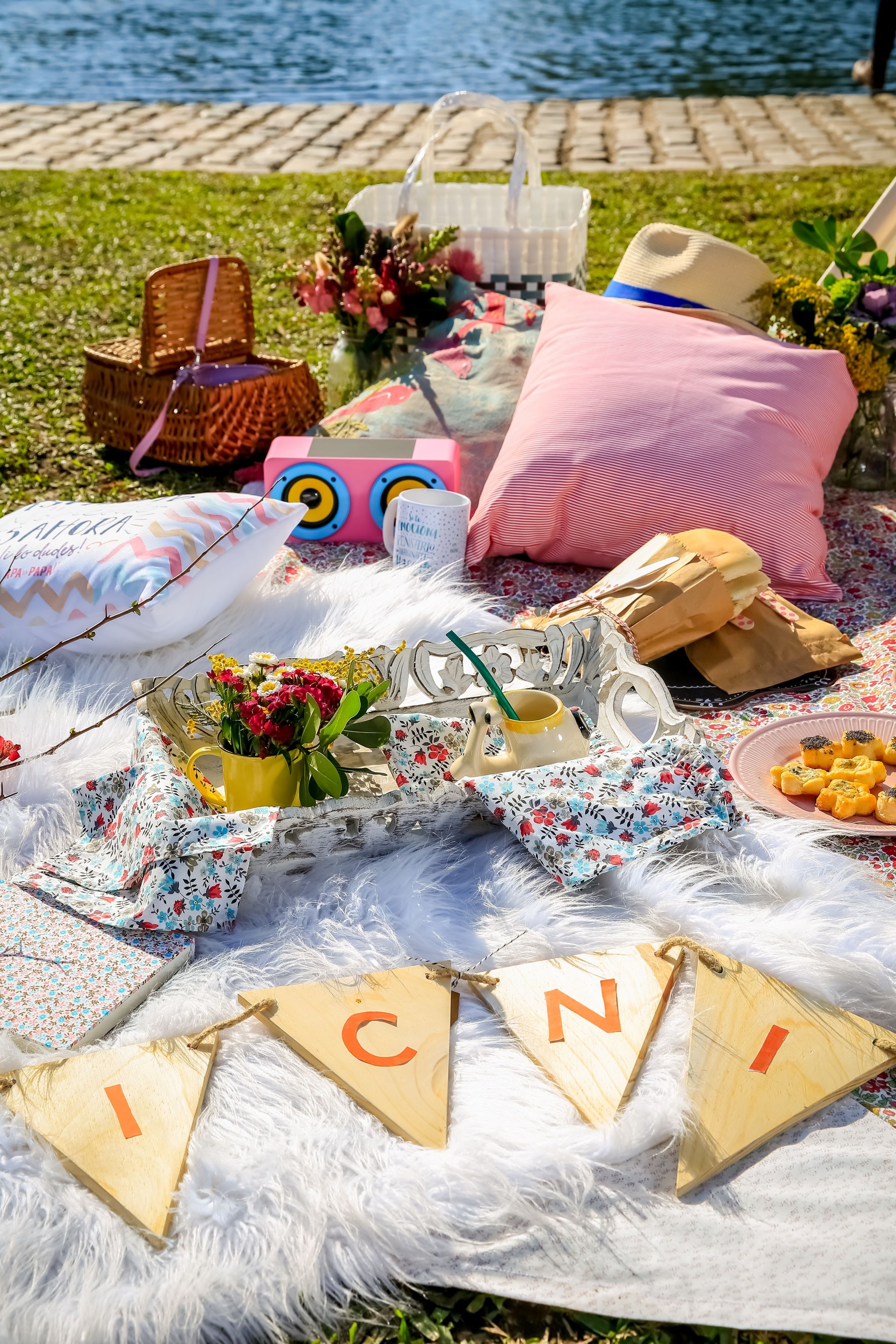 Pique-nique sur tapis avec oreillers et nourriture dans le parc. Pique-nique sur tapis avec oreillers et nourriture dans le parc.